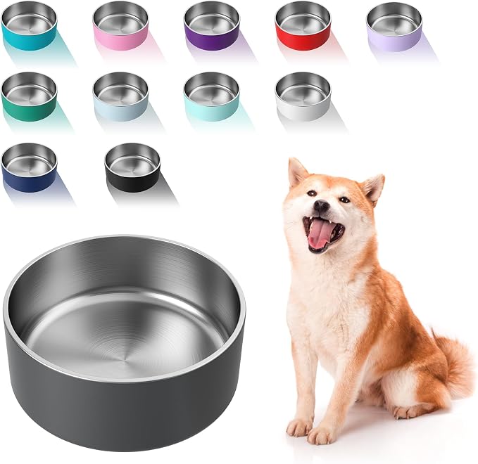 WENBOKMIN Dog Bowl, Stainless Steel Dog Food and Water Bowl with Non Slip Quiet Bottom, Easy to Clean, Dishwasher Safe, 64oz, Deep Grey