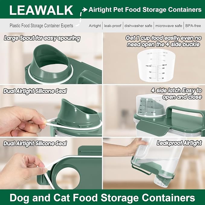 LEAWALK 5-7Lbs Cat Dog Storage Container, Portable Pet Food Containers with Upgraded Large Spout and Cup, Small Animal Kibble Dispenser for Bird Seed, Oatmeal, Rice, Flour, Brown Sugart-Dark Green