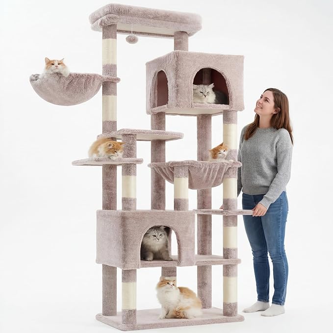 Heybly Cat Tree, 76-Inch Tall Heavy Duty Cat Tower for Big Cats HCT039MU | Multi-Level Large Cat Furniture with Extra Wide Baseboard, 2 Condos & 2 Hammocks, 10 Scratching Posts, Rosy Brown