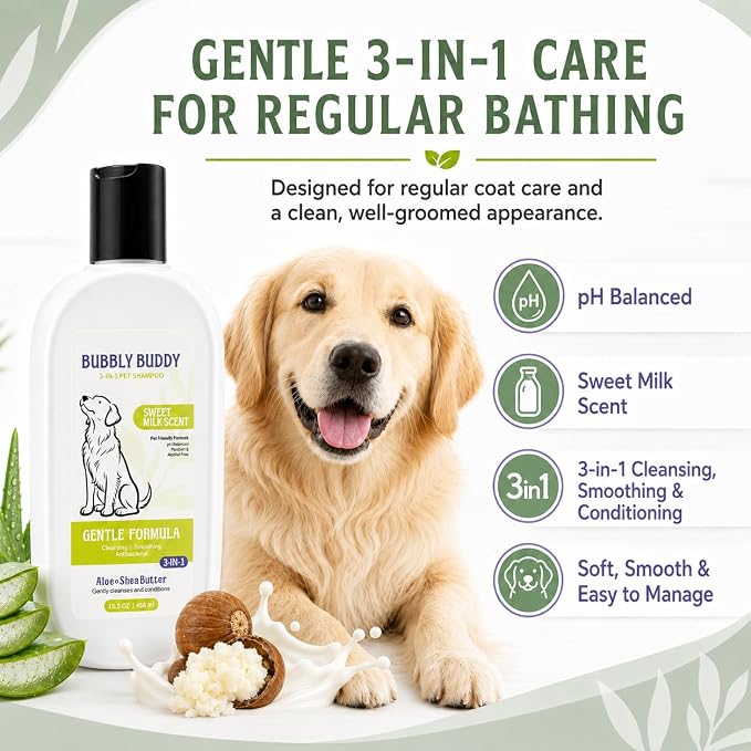 3-in-1 Pet Shampoo for Dogs, Sweet Milk Scent Dog Shampoo and Conditioner with Aloe,Shea Butter,Colloidal Oatmeal,Jojoba Oil & Vitamin E, pH Balanced Cleansing, Smoothing & Antibacterial Care, 15.5 oz