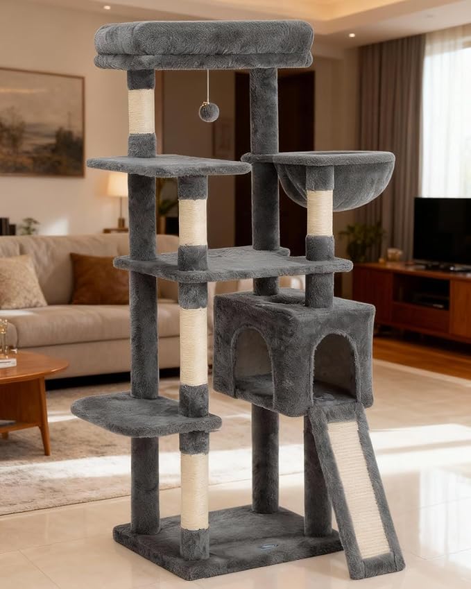 54 Inches Cat Tree, Tall Cat Tower with Hammock, Condo and Scratching Pad, Cat House with Plush Perch for Indoor Cats Adult
