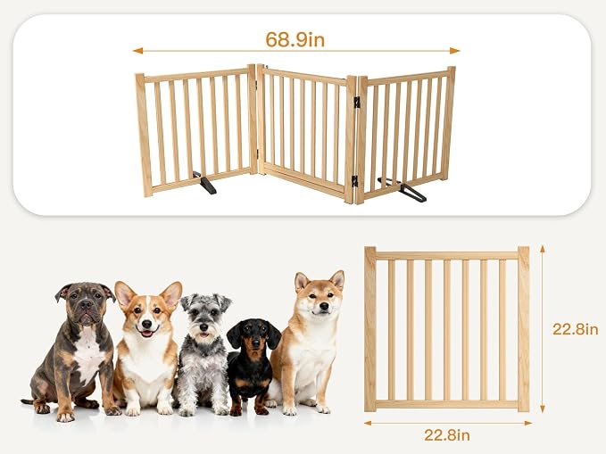 YOCAN Non-Painted Wooden Freestanding Dog Gates with Door for The House,Doorways, Stairs,Wood Dog Fences Indoor Pet Gate,Step Over Fence-3 Panel H:23"