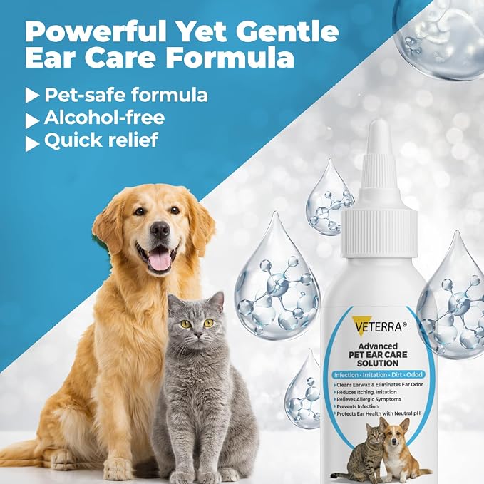 Dog and Cat Ear Cleaning Solution for Dogs & Cats – Vet Recommended Ear Cleaner, Helps Remove Wax & Odor, Supports Healthy Ears, Gentle No-Rinse Formula - 3.38 Oz - 100 Ml