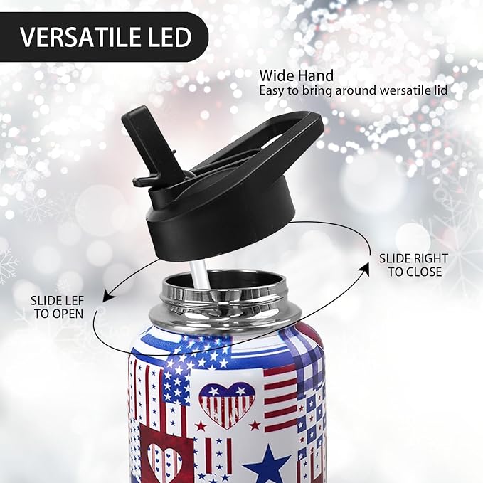 32oz American Flag Flip Stainless Insulated Aater Water Bottle with Straw,4th of July Gym Hiking Sports Coffee Mug Cup Water Bottles,Patriotic Military Gifts For Veterans, Police