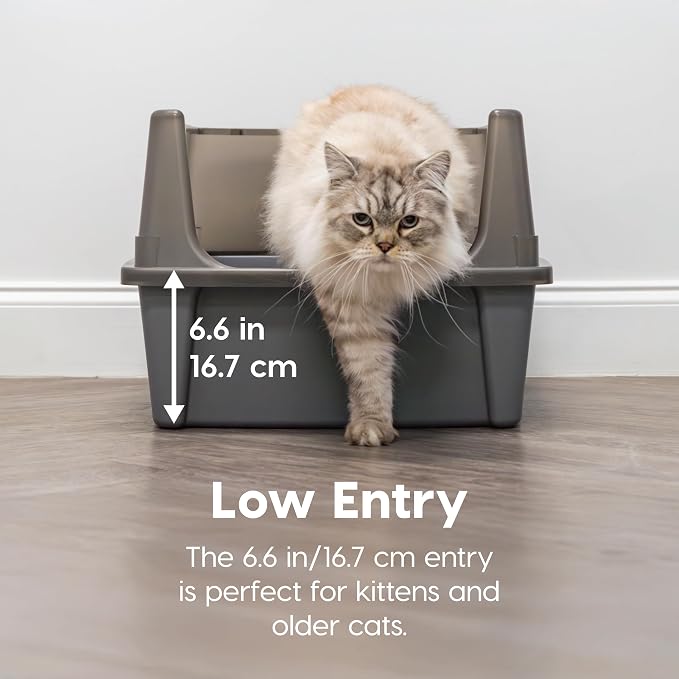 IRIS USA Extra Large Cat Litter Box XXL Open Top High Sided Walls Scatter Shield Scoop Included Easy Clean Plastic Pan for Big Cats Multi-Cat Households 30" L x 20" W x 14" H Gray