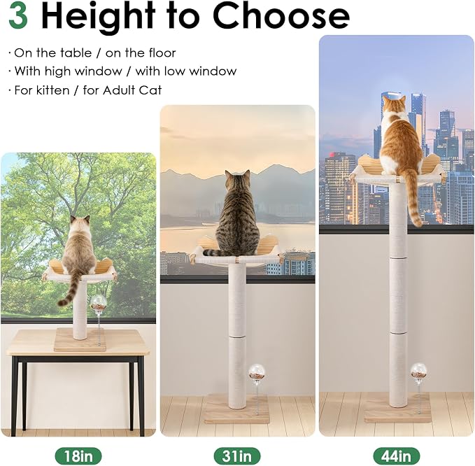 Cat Window Perch with Scratching Post, Hammock with Cushion | 44"/31"/18" Height Adjustable Sisal Cat Tree, 33lbs Capacity Perch for Indoor Cats Scratching & Watching Birds, Beige