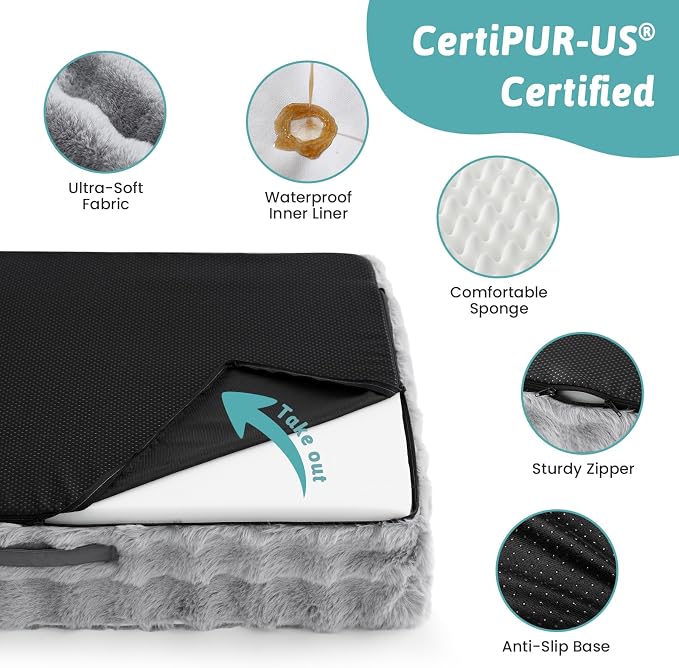 COZY KISS Orthopedic Dog Bed for Extra Large Dog 44x32 inch, XL Faux Fur Pet Sofa, Bolster Foam Bed with Sides, Non-Slip and Egg-Crate Big Dog Couch Bed with Washable Removable Cover, Grey