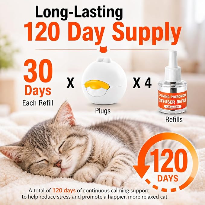 Cat Calming Diffuser - 6 in 1 Kit Cat Pheromones Calming Diffuser for Anxiety Relief, Stress, Excessive Meowing & Scratching, 120 Day Supply 2 Plug in + 4 Pack 48ml Refill (Tasteless)