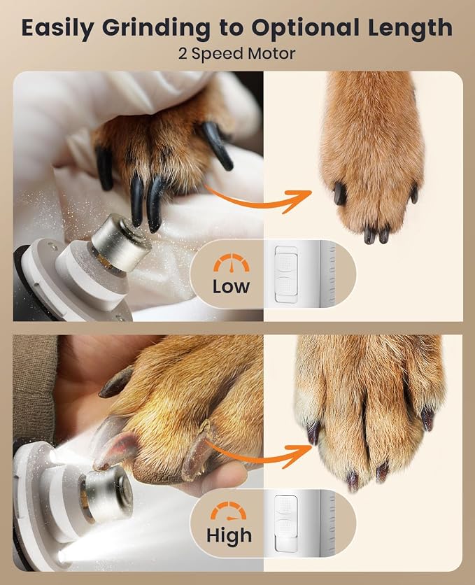 oneisall 2 in 1 Dog Nail Grinder & Paw Trimmer Kit, 2 LED Lights | 35 dB Low Noise, 6500/7500RPM, 2 Speeds, Cordless & Rechargeable, Long Battery Life, Safe for Paw, Face, Ears, Body
