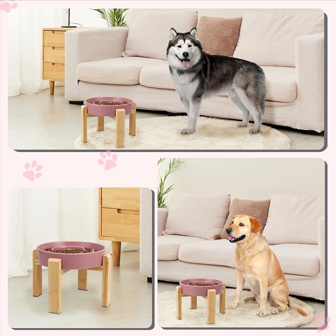 Elevated Slow Feeder Dog Bowl Large Breed, 8.8 Inch Ceramic Slow Eating Bowl with Bamboo Stand, Anti-Choking Raised Maze Design for Medium to Large Dogs, 3.2 Cup, Pink