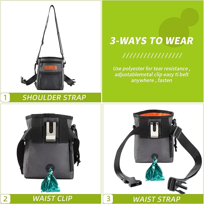 Dog Treat Training Pouch with Built-in Poop Bag Dispenser, Dark Grey | Easily Carries Pet Toys, Kibble, Treats, 3 Ways to Wear, Foldable Silicone Bowl, Quick One-Hand Access for Dog Walks & Hiking