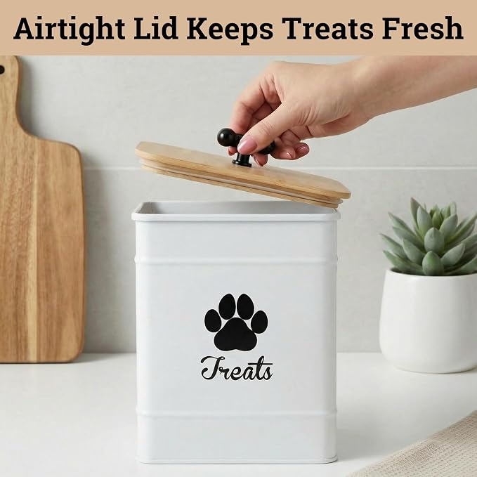 Dog Treat Container Airtight - 6 Inch Wide x 8 Inch Tall Iron Dog Treat Jar for Kitchen Counter with Airtight Bamboo Lid - 12 Cup Capacity Pet Treat Container - Doggie Cookie Jar - Big Treats Canister