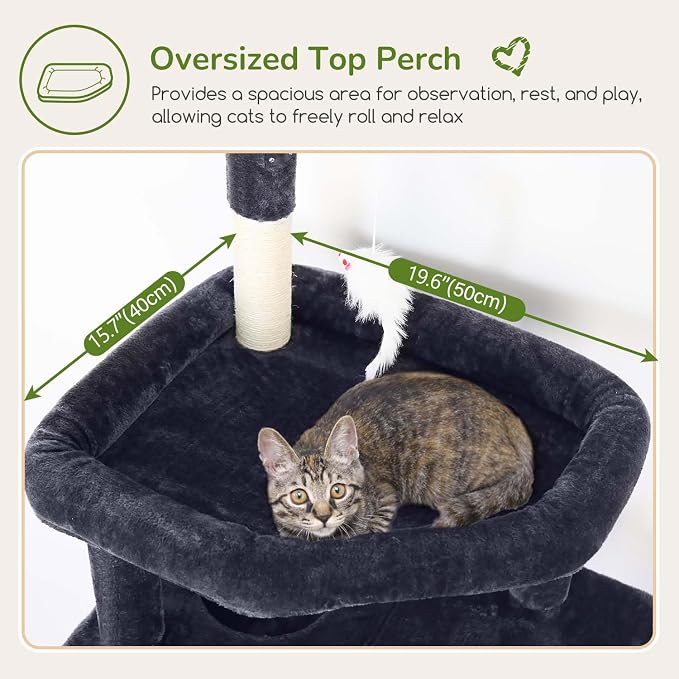 Globlazer F74B Cat Tree for Indoor Cats Large Adult, Multi-Cat, Dark Grey | Easy Setup, 74in Tall Tower, Oversized Top Perch, 2 Large Condos, Hanging Basket, 5 Sisal Scratching Posts, Anti-Topple Strap