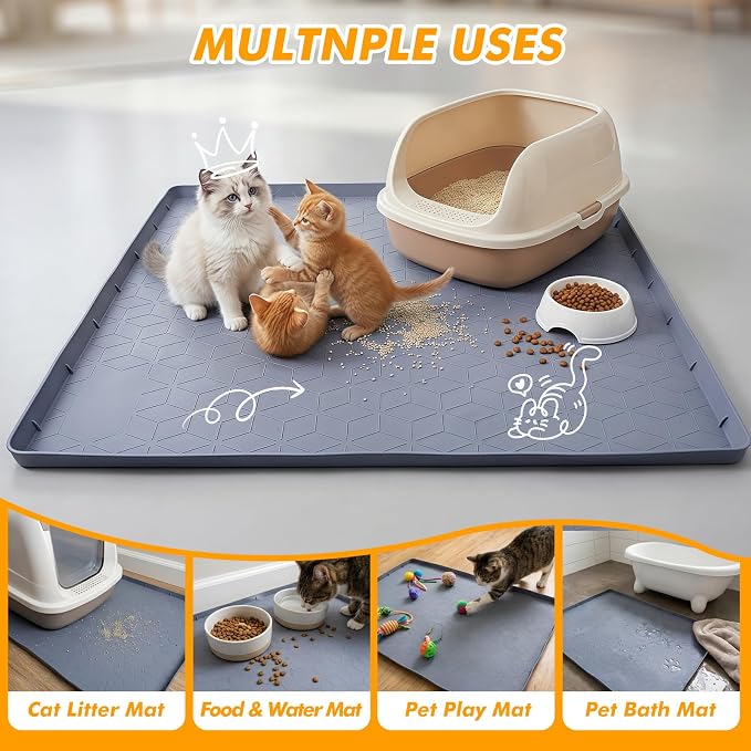Extra Large Cat Litter Mat 47" x 35" Silicone Litter Trapping Mat for Scatter Control, Catcher for Kitty Litter, Non-Slip Waterproof Floor Protector, Easy to Clean, Gray