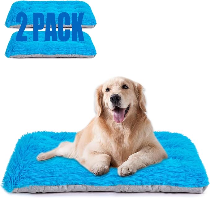Machine Washable Dog Bed, Deluxe Plush Dog Crate Pad and Cat Bed, Anti-Slip Bottom Kennel Pad Mat, Fuzzy Pet Beds for Large, Medium, Small Dogs Breeds (Azure Blue, 24.0"L x 18.0"W x 3.0"Th x 2 PACK)