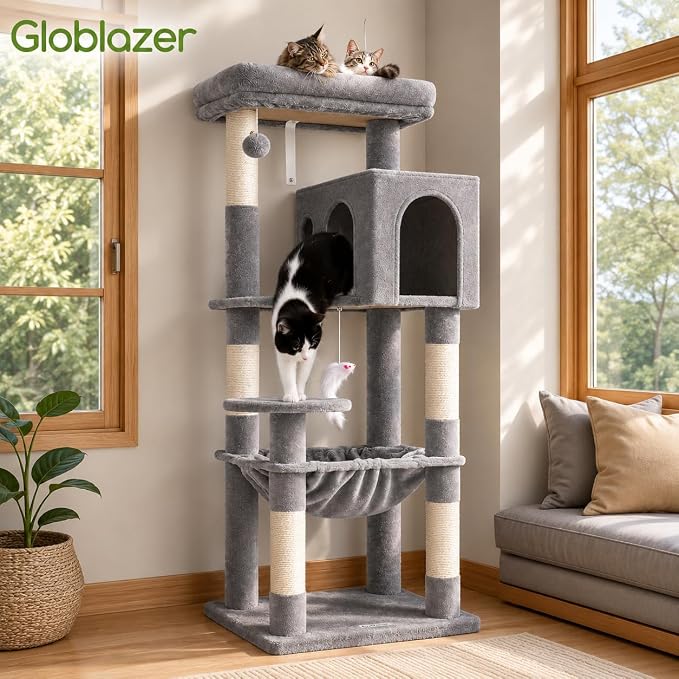 Globlazer Cat Tree Tower with Scratching Post for Indoor Cats, 53inch Tall Plush Multi-Level Cat Climbing Tower Condo House with Large Hammock, Spacious Cat Cave, Padded Top Perch Bed, F53, Light Gray