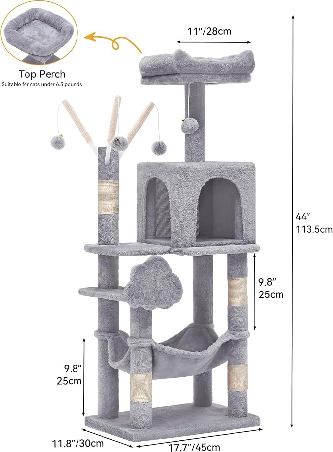 YITAHOME 44in Cat Tree Tower Indoor | Multi-Level Cat Condo with Scratching Posts, Cat Window Padded Plush Perch, Cozy Hammock, Funny Pompoms, Light Gray