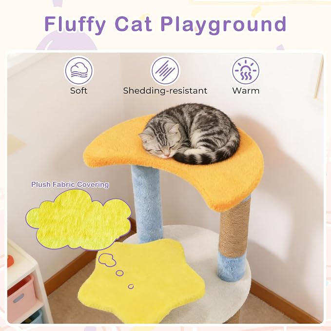 PETSITE 29-inch Cute Cat Tree, Multi-Level Small Cat Tree with Jute Scratching Post, Dangling Toy, Star and Moon-Shaped Perches, Ideal for Indoor Cats (Blue)