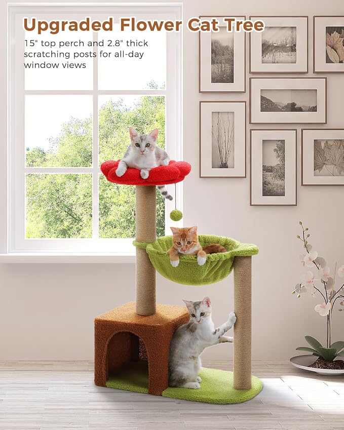 35" Flower Cat Tree for Kittens with Hammock & Sisal Posts, Brown | Flower-shaped top perch, Metal frame hammock, Sisal scratching posts, Cozy pink condo, Sturdy stable base, For small cats
