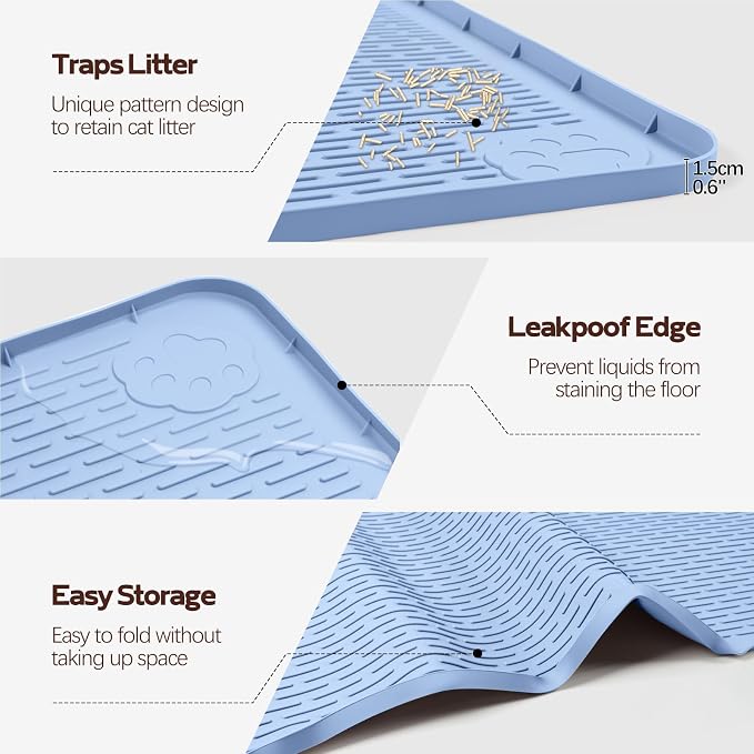 Silicone Cat Litter Mat for Litter Box 50”x35” Large Cat Mat, Blue | Waterproof, Non-Slip, Leak-Proof Rug Mat with Lip, Easy to Clean, Extra Large Litter Catcher Mat for Floor