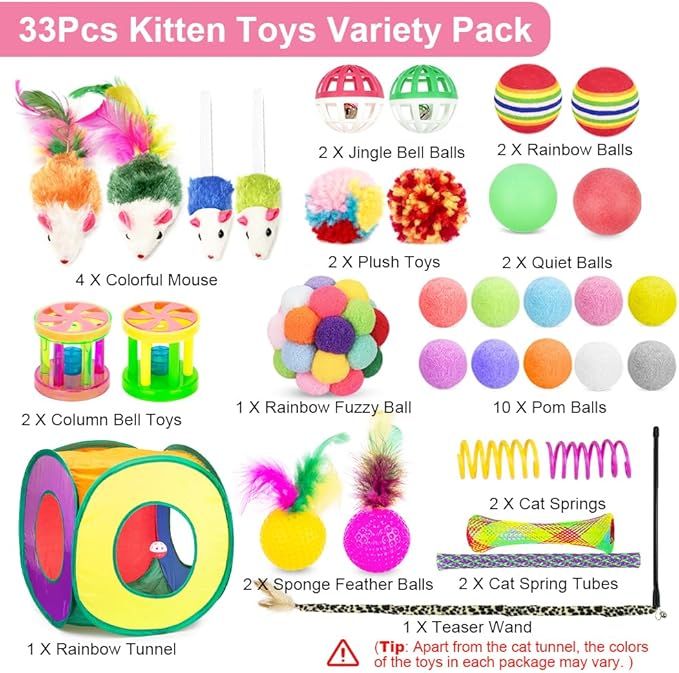 Retro Shaw 33 Pack Cat Toys for Indoor Cats, Collapsible Kitty Tunnel Tent with Feather Teaser Wand, Springs Balls Bell Mouse Interactive Kitten Hideaway Playhouse 15.7 Inches