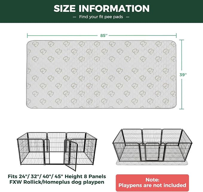 FXW Washable Pee Pads for Dogs, Super Absorbent, 39" x 85", 1 Pack | Machine washable, Non-slip backing, Fits 24"H 8-Panel FXW Rollick/Homeplus Playpens