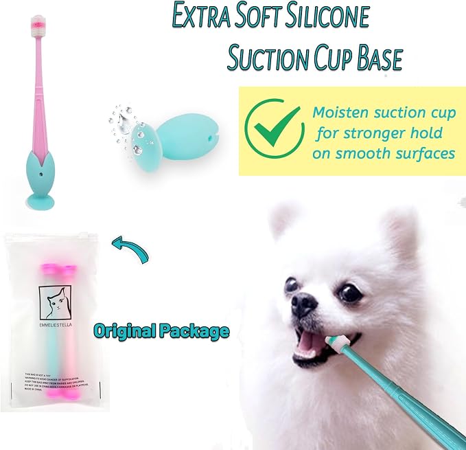 E.M&S.T by Emmeliestella Small Dog & Cat Toothbrush 360 Degree Soft Silicone, Cat Dental Care, Toothbrush Holder, Easy to Handle, Independent Packaging, Suction Cup, Light Blue&Pink (2-Pack + Holder)
