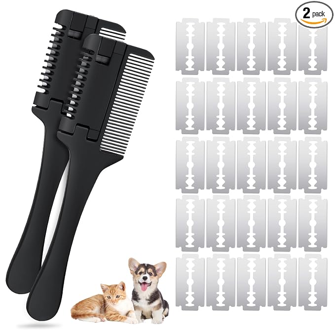 2-in-1 Pet Grooming Comb for Dogs and Cats - 2 Combs with 20 Extra Blades for Trimming and Grooming | 2 in 1 Trimming&Grooming, Dog Cat Brush that Cuts Hair, Hair Cutter Comb for Dog Cat, Pet Hair Trimmer Grooming Comb Dog Cat