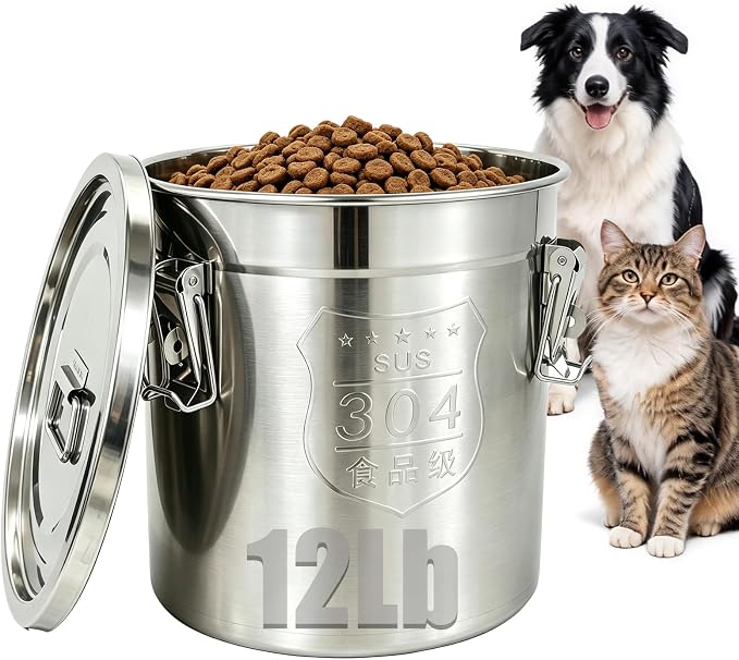 12Lbs 304 Stainless Steel Dog Food Storage Containers with Airtight Lid | Large Airtight Pet Food Storage Container Food Bin for Dogs, Cats & Birds Seed, Keep Fresh