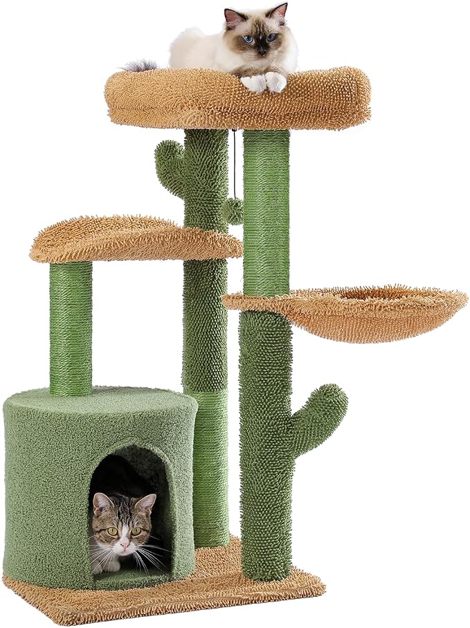 MUTTROS Cactus Cat Tree, Multi-Level Cat Tower with Large Metal Carpet Hammock, Cat Scratching Post for Indoor Cats with Condo & Replaceable Toy Ball, Green