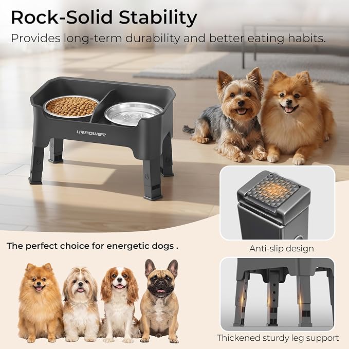 URPOWER Mess Proof Elevated Dog Bowls 4 Height Adjustable Raised Bowl Stand with 2 Stainless Steel Dog Bowls Non-Slip Food and Water Bowl Set for Small Dogs, Grey