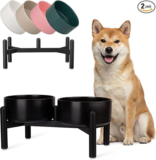 Raised Ceramic Dog Bowl Set - Elevated Double Dishes with Stainless Steel Stand - Food and Water Bowls for Small to Medium Dogs - Each Holds 3.5 Cups (29.57 fl oz) - Black