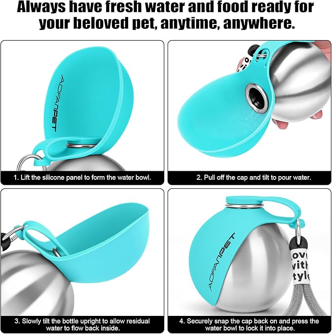 Portable Dog Water Bottle 10oz Stainless Steel Travel Dog Water Dispenser with Bowl No-Spill Puppy Water Bottle for Walking Hiking Small Dog Water Bottle