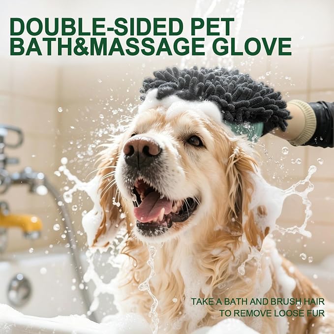 Green Double-Sided Dog Bath Glove Dog Washing Glove for Dogs&Cats | Massage Dog Brush Glove,Chenille Absorbent Pet Towel Mitt,Pet Grooming Glove for Hair Removal Glove,Pet Bathing Glove