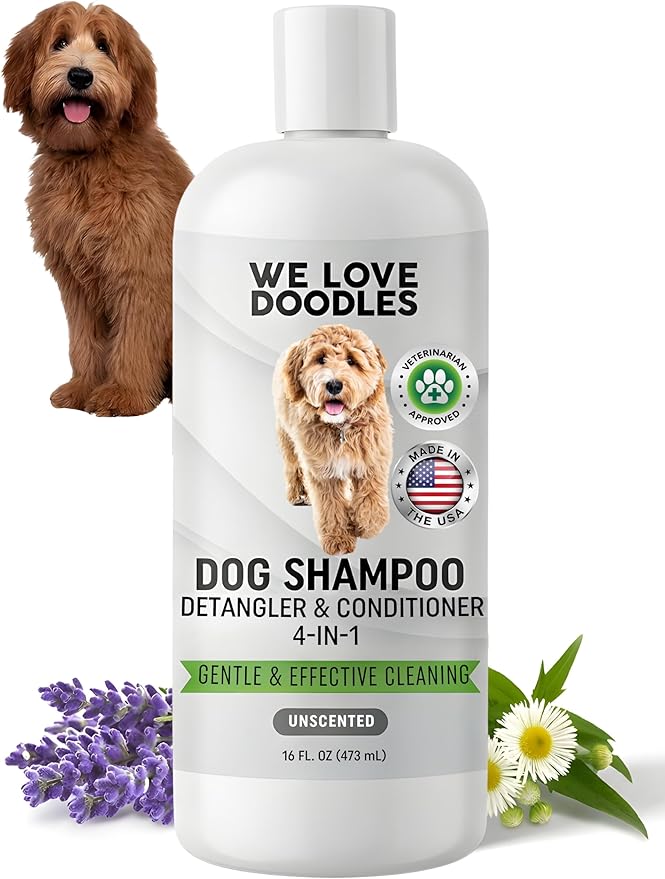 Dog Shampoo Conditioner & Detangler, Hypoallergenic Tearless Unscented 16OZ | For Sensitive Itchy Skin, Hypoallergenic, Tearless, Best Shampoo For Smelly Dogs, Goldendoodle, Poodle & Doodle, Made in USA