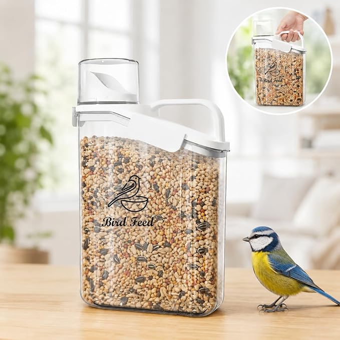 Bird Seed Storage Container,2.8L Airtight Bird Food Container with Handle and Measuring Cup,Portable Pet Food Container for Wild Bird Sunflower Seed-BPA Free Transparent/White