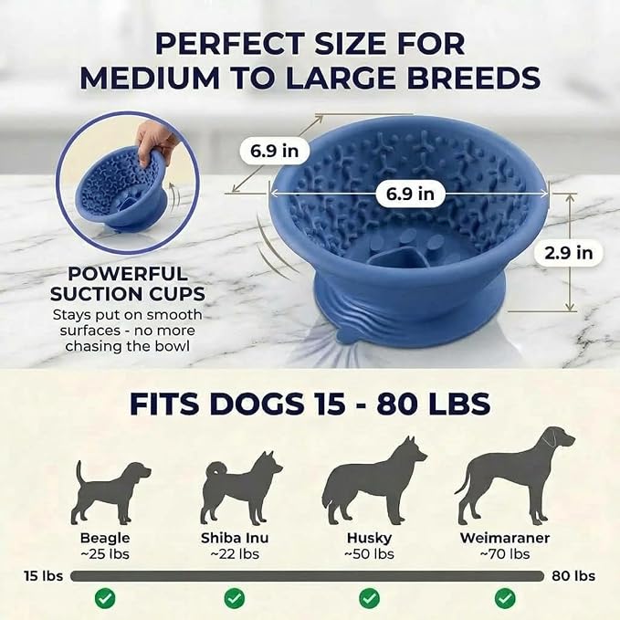 Dog Slow Feeder Lick Bowl to Prevent Fast Eating, Steel Reinforced Rim, Non-Slip Suction Base, BPA-Free Silicone, Dishwasher & Freezer Safe, Helps Extend Mealtime & Keep Dogs Calm(Blue)