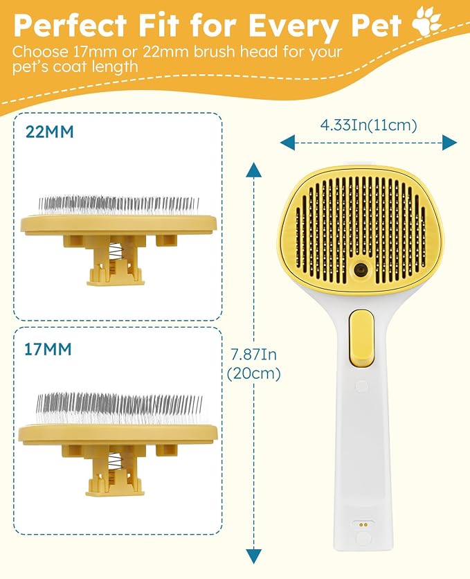 Cat Steam Brush for Cats & Dogs, Pet Steam Brush 3-in-1 with 2 Mist Modes, One-Touch Self Cleaning, Magnetic Safe Charging, Cat Hair Brush for Shedding, Dog Brush for Shedding, Yellow