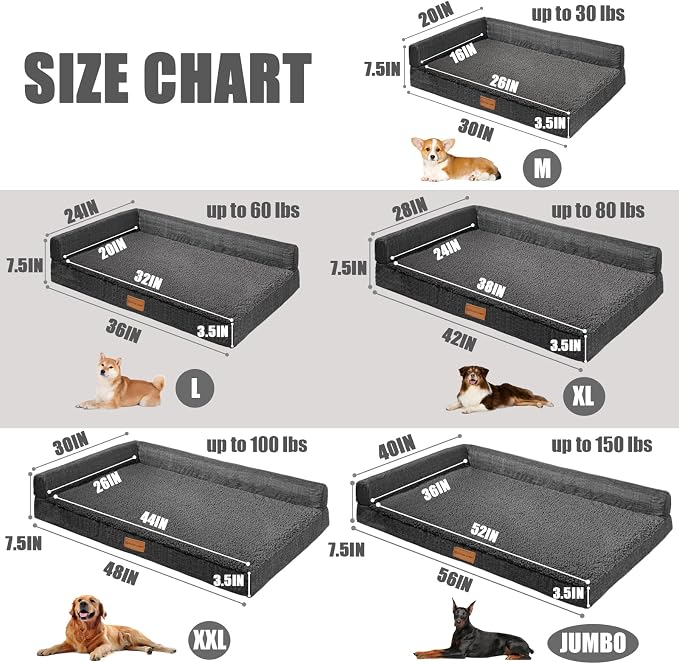 Patas Lague Orthopedic Large Dog Bed Washable Pet Sofa Bed 56X40 Dark Grey | 2-Sided Bolster Egg-Crate Foam Dog Couch Large Sized Dogs, Waterproof Removable Washable Cover, Nonskid Bottom Pet Crate Mat