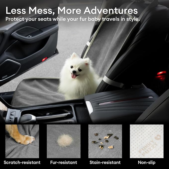FUNNY FUZZY Dog Car Seat Cover for Front Seat, Dog Seat Cove Waterproof, Scratchproof Non-Slip Car Seat Protector, Universal Fit Most Cars, SUVs, Trucks, Grey