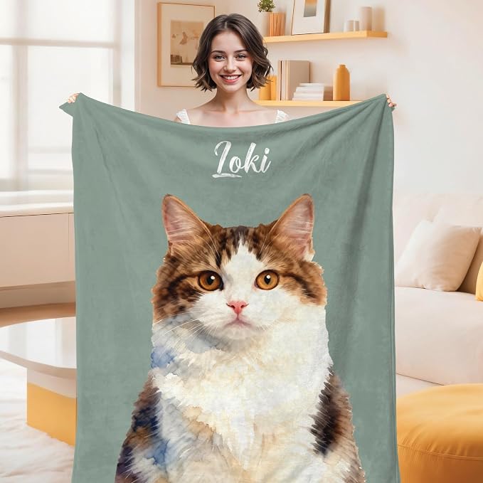 Custom Gifts for Cat Dad Mom Personalized Fleece Throw Blanket with Pet Portrait Picture & Name Cute Cozy Soft Warm Unique Gifts for Pets Lover (Watercolor Style)