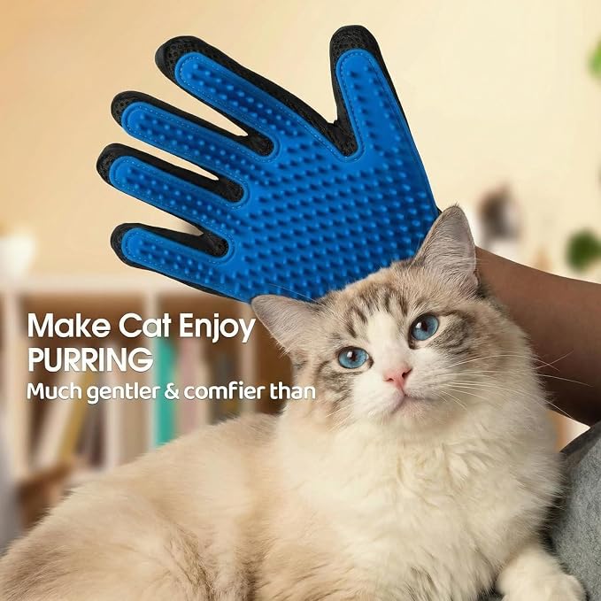 Pet Grooming Glove - Gentle Deshedding Brush Glove for Dogs & Cats, 2 Pack (Blue & Black), Efficient Pet Hair Remover Mitt, Soft Silicone Tips for Massage & Bathing