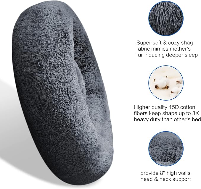 SAVFOX 23 inches Calming Donut Dog Bed - 3X Durable Plush Faux Fur, Machine Washable & Non-Slip, Fits up to 25 lbs, Dark Grey