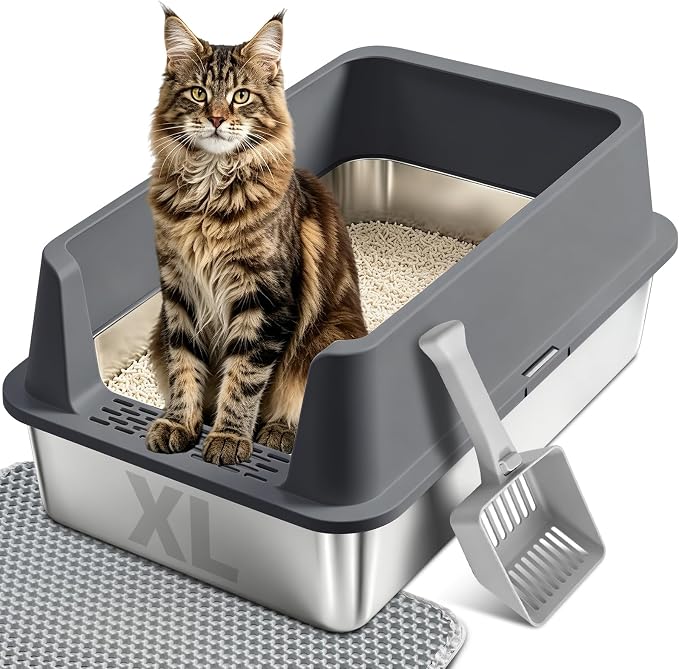 Stainless Steel Litter Box, XL Metal Litter Box with High Sides Lid, Extra Large Cat Litter Boxes for Big Cats, Anti-Urine Leakage, Never Absorbs Odors, Easy Cleaning, Non-Stick, Include Scoop and Mat