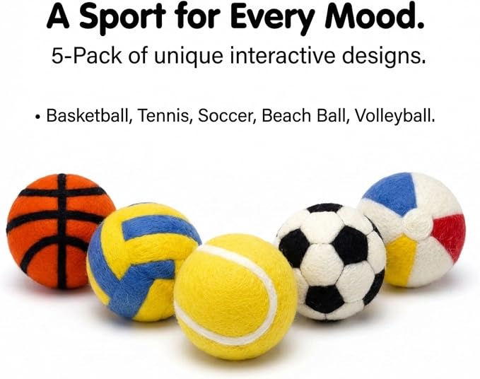 Glaciart One Wool Balls for Cats 5 Pack Sports Design, Felt Balls for Cats, Wool Cat Toys for Indoor Cats & Kittens, Handmade Natural Interactive Cat Toys for Play & Exercise
