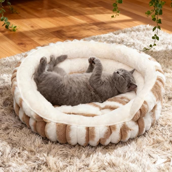 Cat Bed for Indoor Cats,20in Kitten Bed Donut Washable, Calming Fluffy with Non-Slip Base Pet Bed,Cat Bed Warm for Winter