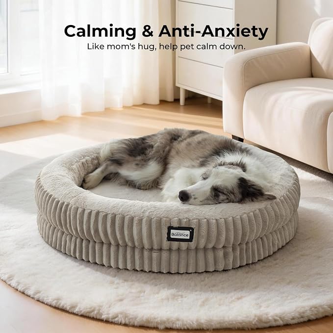 BALANCE Donut Dog Bed, 36 Inches Round Dog Bed Large Size Dogs Washable, Orthopedic Calming Dogs Beds for Kitten, Fluffy Plush Faux Fur Pet Bed with Anti-Slip Bottom