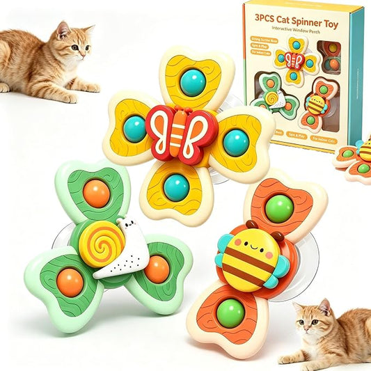 3PCS Cat Suction Cup Spinner Toy Window Perch Interactive Play for Indoor | Strong Suction Base Attaches to Smooth Glass or Tile While Spinning Design Keeps Indoor Cats Engaged (Set-B)