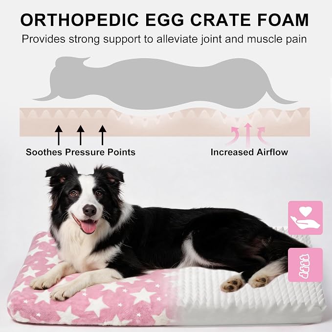 Orthopedic Dog Bed for Large Dogs, Washable Dog Mat with Removable Zippered Cover, Non-Slip Bottom, Comfort Crate Bed (Big&Little Stars Pink, M(30"*20"*3.1"))