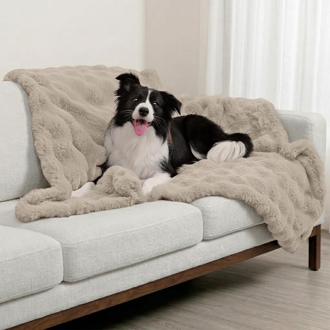 Paw Inspired Waterproof Dog Blanket, Soft Faux Fur Throw with Fur-Resistant Fleece, Washable Pet Blanket, Waterproof Protection for Couch, Bed, Furniture, Crate, Car (60x50, Tan)